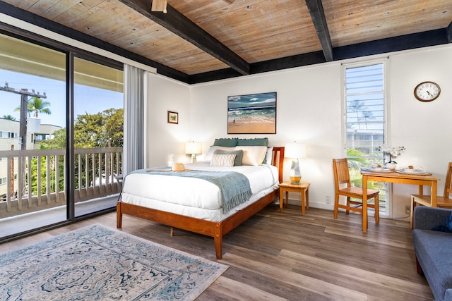 76-6259 Alii Dr Unit 332, Kailua-Kona, HI 96740 - bedroom featuring a wood ceiling with exposed beams, access to outside, and wood finished floors