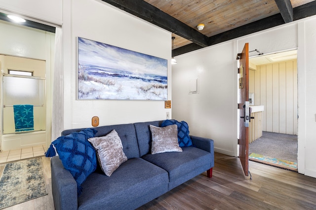 76-6259 Alii Dr Unit 332, Kailua-Kona, HI 96740 - living area featuring wood finished floors and a wooden ceiling with exposed beams