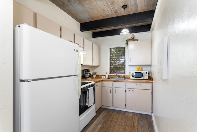 76-6259 Alii Dr Unit 332, Kailua-Kona, HI 96740 - kitchen with white appliances, dark wood-style flooring, decorative light fixtures, a wooden ceiling with exposed beams, and range hood