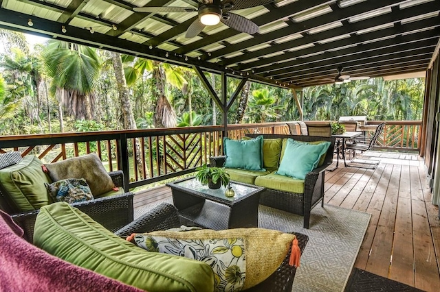 13-1020 Kahukai St, Pahoa, HI 96778 - wooden deck with an outdoor hangout area, ceiling fan, and outdoor dining area