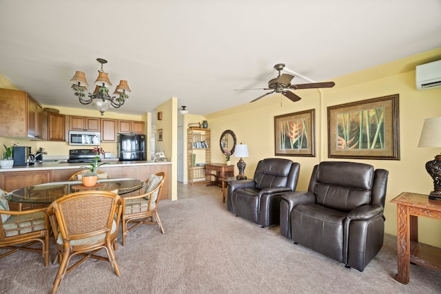 4-1250 Kuhio Hwy Unit G204, Kapaa, HI 96746 - dining area with light colored carpet, ceiling fan, an AC wall unit, and a chandelier