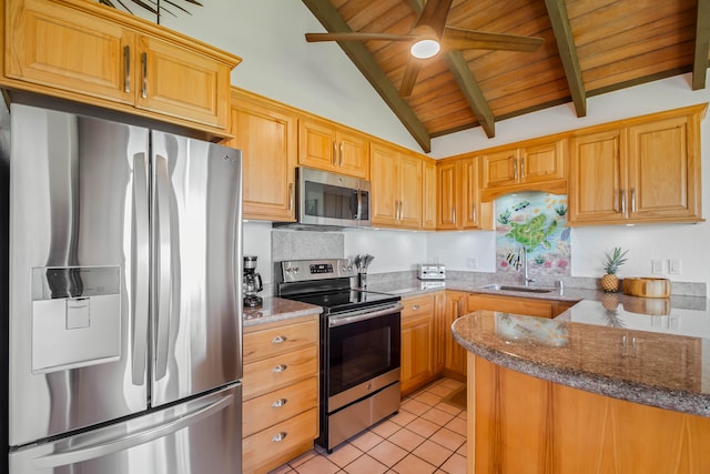 1901 Poipu Rd Unit 633, Koloa, HI 96756 - kitchen featuring stainless steel appliances, light tile patterned floors, wooden ceiling, a ceiling fan, and dark stone countertops