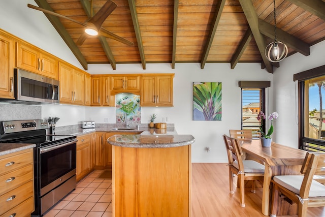 1901 Poipu Rd Unit 633, Koloa, HI 96756 - kitchen featuring appliances with stainless steel finishes, wood ceiling, a ceiling fan, a center island, and decorative light fixtures