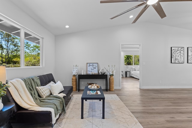 15-1698 5th Ave, Keaau, HI 96749 - living area featuring lofted ceiling, ceiling fan, wood finished floors, and recessed lighting