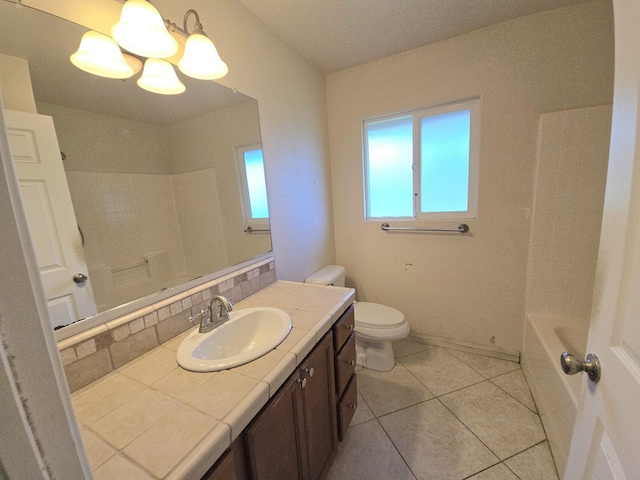 15-1581 Railroad Ave, Keaau, HI 96749 - full bath featuring vanity, a chandelier, backsplash, tile patterned floors, and shower / bath combination