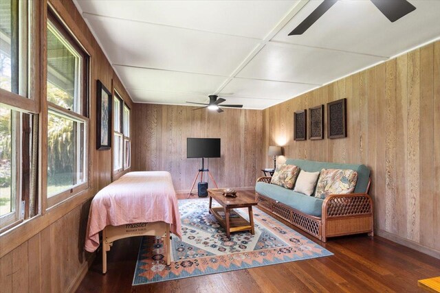 14-3342 Kaululaau Rd Unit 3, Pahoa, HI 96778 - bedroom featuring multiple windows, wood walls, wood finished floors, and ceiling fan