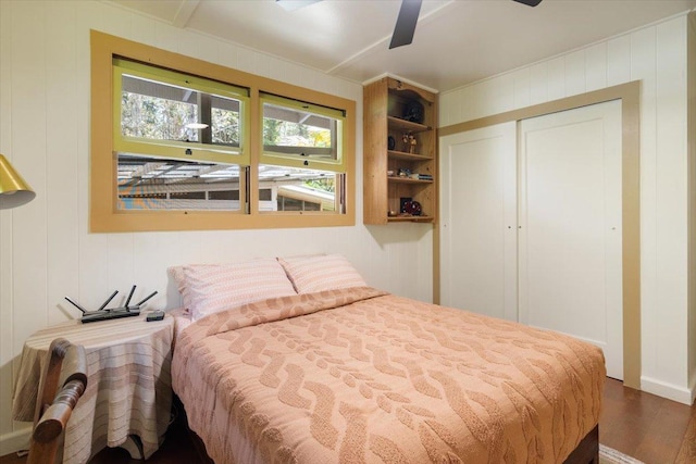 14-3342 Kaululaau Rd Unit 3, Pahoa, HI 96778 - bedroom with dark wood finished floors, a closet, and ceiling fan