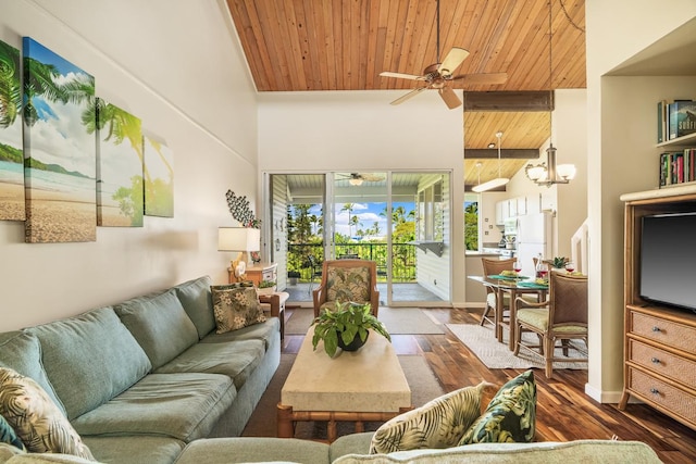 3811 Edward Rd Unit 3304, Princeville, HI 96722 - living room with wood ceiling, a ceiling fan, wood finished floors, high vaulted ceiling, and a chandelier