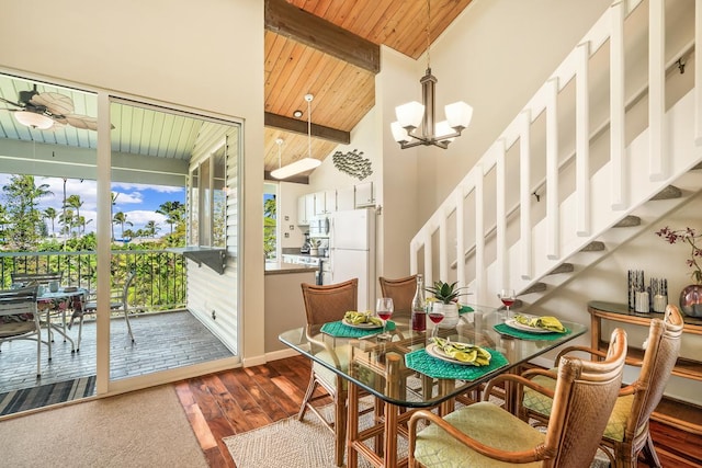3811 Edward Rd Unit 3304, Princeville, HI 96722 - dining area with plenty of natural light, a wooden ceiling with exposed beams, a chandelier, dark wood-type flooring, and stairs