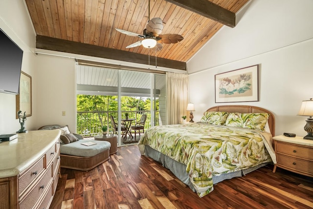 3811 Edward Rd Unit 3304, Princeville, HI 96722 - bedroom featuring access to outside, dark wood-type flooring, wood ceiling, and a ceiling fan