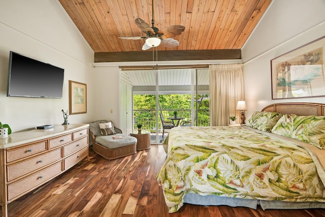 3811 Edward Rd Unit 3304, Princeville, HI 96722 - bedroom with lofted ceiling, wood ceiling, access to exterior, dark wood-style floors, and a ceiling fan