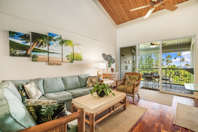3811 Edward Rd Unit 3304, Princeville, HI 96722 - living area featuring ceiling fan, wooden ceiling, high vaulted ceiling, and hardwood / wood-style floors