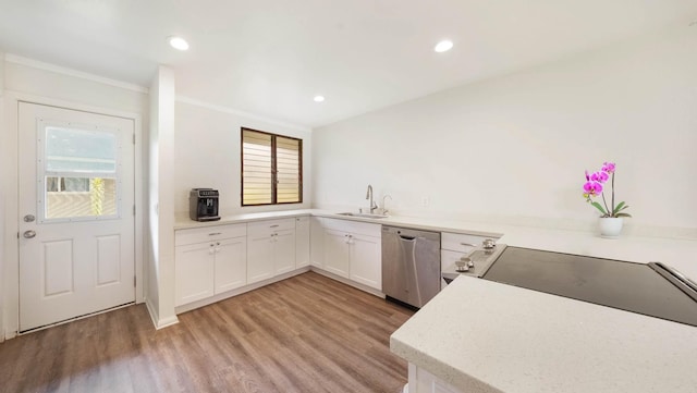328 Molo St, Kapaa, HI 96746 - kitchen featuring stainless steel dishwasher, white cabinetry, light wood-type flooring, crown molding, and recessed lighting