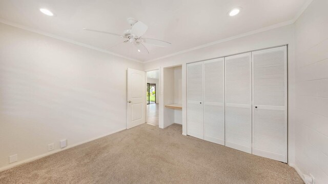 328 Molo St, Kapaa, HI 96746 - unfurnished bedroom featuring light colored carpet, crown molding, a closet, recessed lighting, and ceiling fan