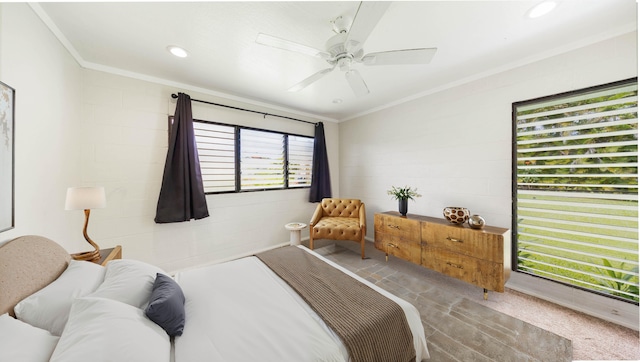 328 Molo St, Kapaa, HI 96746 - bedroom featuring crown molding, a ceiling fan, concrete block wall, and recessed lighting