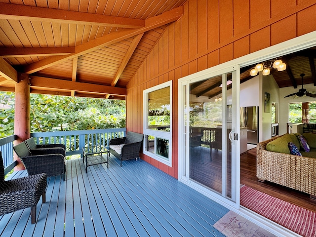 4523 Uku Lii Pl, Hanalei, HI 96714 - wooden terrace featuring ceiling fan and an outdoor living space