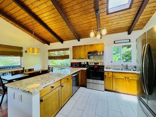 4523 Uku Lii Pl, Hanalei, HI 96714 - kitchen with appliances with stainless steel finishes, under cabinet range hood, backsplash, wood ceiling, and a skylight