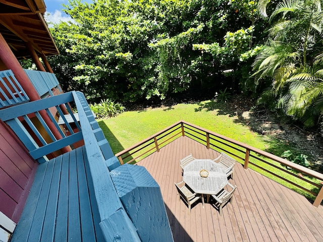 4523 Uku Lii Pl, Hanalei, HI 96714 - wooden terrace with outdoor dining area and a lawn