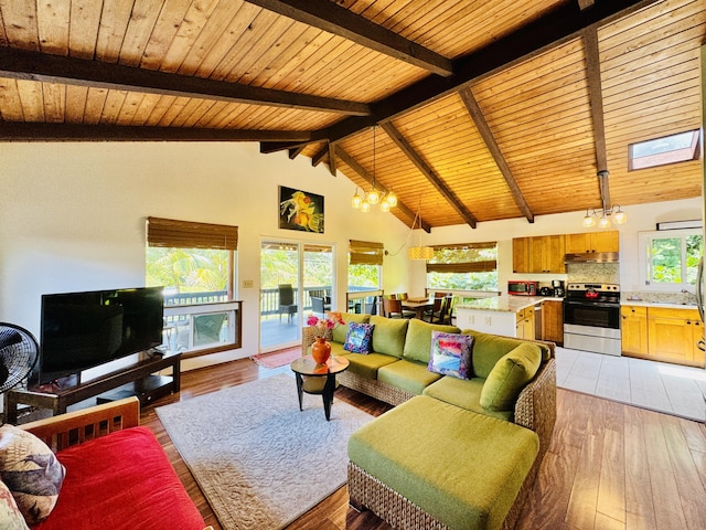 4523 Uku Lii Pl, Hanalei, HI 96714 - living room featuring a chandelier, wooden ceiling, and light wood-type flooring