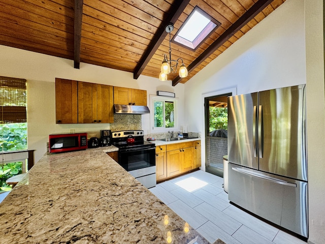 4523 Uku Lii Pl, Hanalei, HI 96714 - kitchen featuring freestanding refrigerator, range with electric stovetop, a skylight, wood ceiling, and exhaust hood