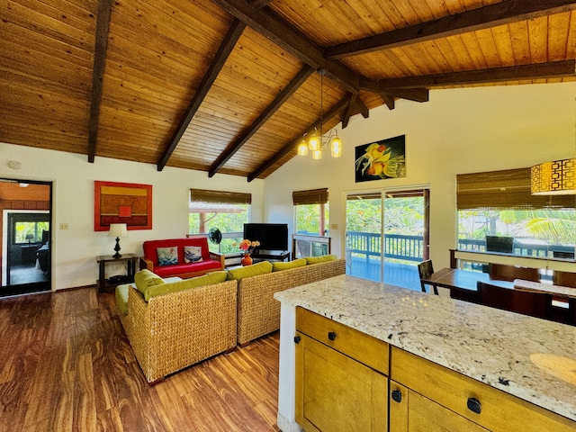 4523 Uku Lii Pl, Hanalei, HI 96714 - living room with wood finished floors, a wooden ceiling with exposed beams, and high vaulted ceiling