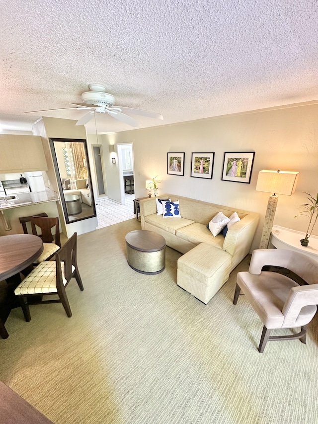 525 Aleka Lp Unit A2, Kapaa, HI 96746 - living room featuring a textured ceiling, carpet floors, and a ceiling fan
