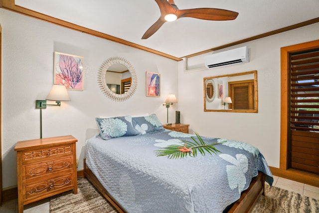2253 Poipu Rd Unit 320, Koloa, HI 96756 - tiled bedroom featuring a wall unit AC, crown molding, and ceiling fan