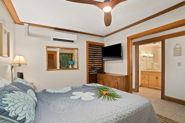 2253 Poipu Rd Unit 320, Koloa, HI 96756 - bedroom featuring a wall mounted AC, light tile patterned floors, ensuite bathroom, crown molding, and ceiling fan