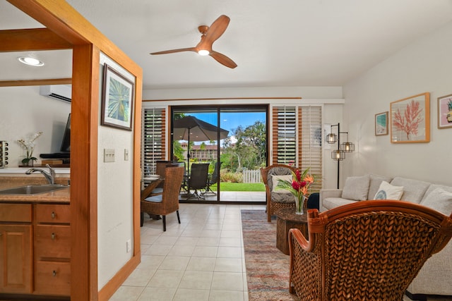 2253 Poipu Rd Unit 320, Koloa, HI 96756 - living room featuring an AC wall unit, light tile patterned floors, a ceiling fan, and recessed lighting