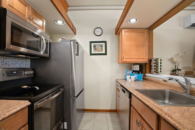 2253 Poipu Rd Unit 320, Koloa, HI 96756 - kitchen with appliances with stainless steel finishes, an AC wall unit, recessed lighting, light countertops, and light tile patterned flooring