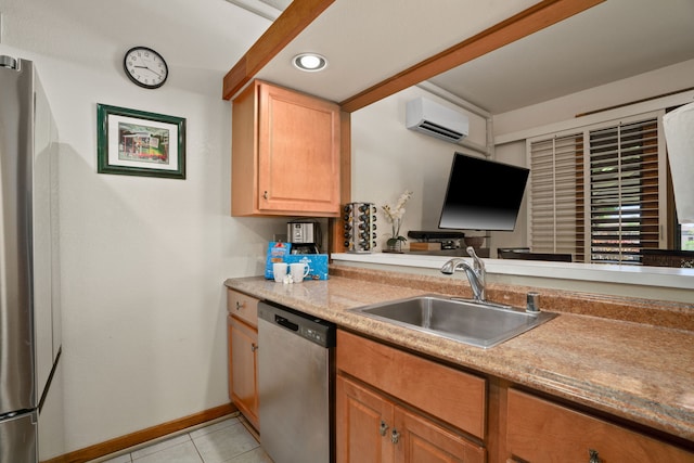 2253 Poipu Rd Unit 320, Koloa, HI 96756 - kitchen with stainless steel appliances, light tile patterned flooring, an AC wall unit, light countertops, and recessed lighting