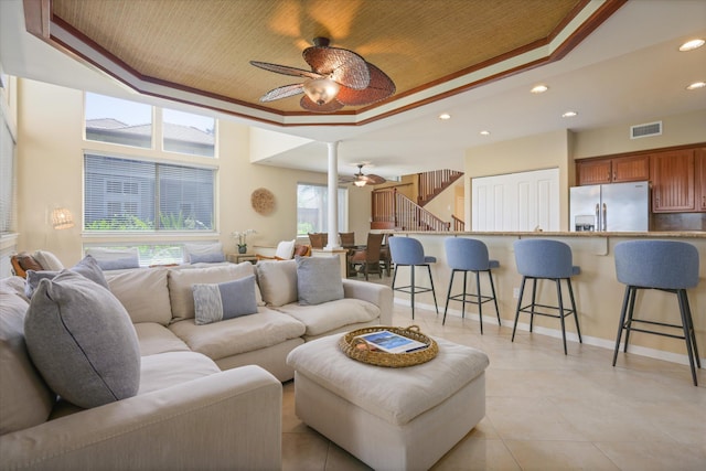 68-1122 Na Ala Hele Rd Unit E4, Kamuela, HI 96743 - living area featuring a raised ceiling, ceiling fan, recessed lighting, and light tile patterned floors