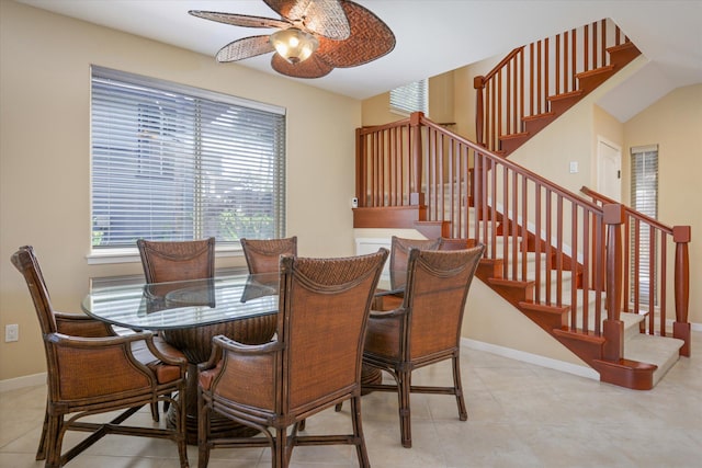 68-1122 Na Ala Hele Rd Unit E4, Kamuela, HI 96743 - dining space with plenty of natural light, a ceiling fan, stairs, and light tile patterned floors