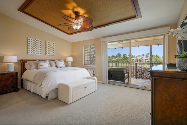 68-1122 Na Ala Hele Rd Unit E4, Kamuela, HI 96743 - bedroom with light carpet, access to exterior, vaulted ceiling, and ceiling fan