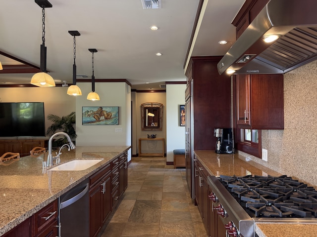 62-3600 Amaui Pl Unit 345, Kamuela, HI 96743 - kitchen with ventilation hood, dishwashing machine, stainless steel gas stovetop, hanging light fixtures, and light stone countertops