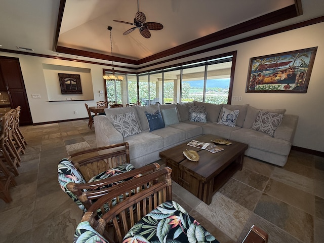 62-3600 Amaui Pl Unit 345, Kamuela, HI 96743 - living area featuring a ceiling fan, healthy amount of natural light, a tray ceiling, and vaulted ceiling