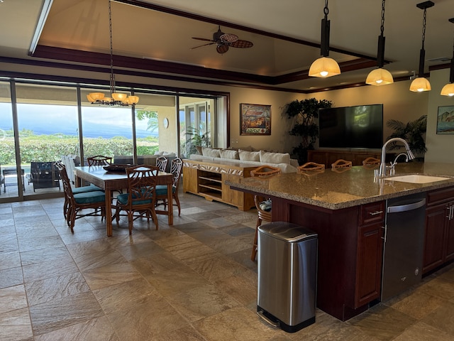 62-3600 Amaui Pl Unit 345, Kamuela, HI 96743 - kitchen with dishwasher, a ceiling fan, decorative light fixtures, dark stone countertops, and ornamental molding