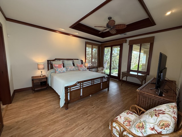 62-3600 Amaui Pl Unit 345, Kamuela, HI 96743 - bedroom with a tray ceiling, wood finished floors, crown molding, and access to outside