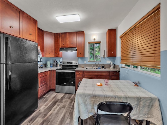 11-3057 Anuhea St, Volcano, HI 96785 - kitchen featuring freestanding refrigerator, stainless steel range with electric stovetop, under cabinet range hood, light wood finished floors, and light countertops