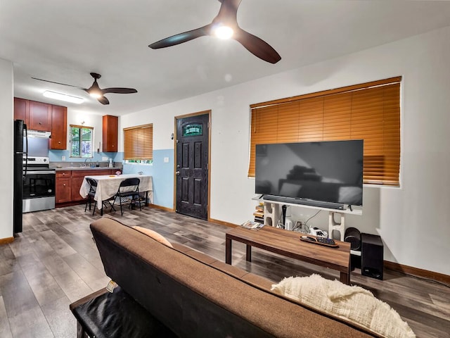 11-3057 Anuhea St, Volcano, HI 96785 - living room featuring ceiling fan and dark wood-style floors
