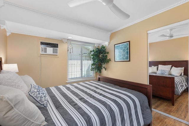 68-1740 Akaula St, Waikoloa, HI 96738 - bedroom featuring wood finished floors, a wall mounted air conditioner, ornamental molding, and ceiling fan