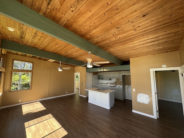 11-3135 Alii Kane St, Volcano, HI 96785 - kitchen featuring open floor plan, a kitchen island, dark wood-style floors, a ceiling fan, and white cabinetry