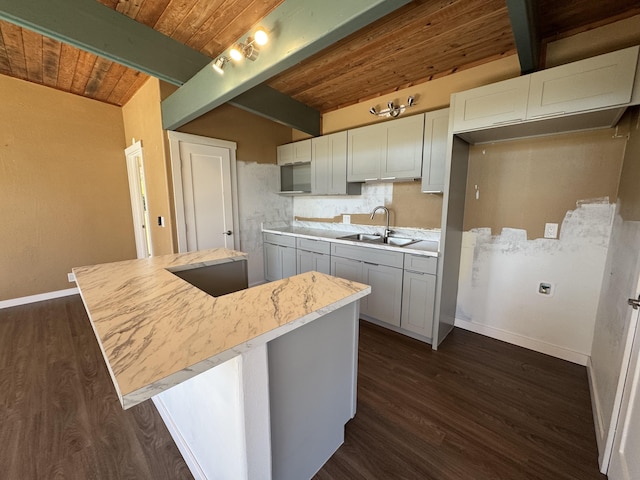 11-3135 Alii Kane St, Volcano, HI 96785 - kitchen with a wood ceiling with exposed beams, dark wood-style floors, white cabinets, and a center island