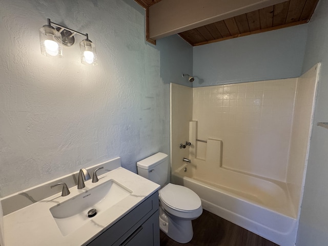 11-3135 Alii Kane St, Volcano, HI 96785 - full bath with a wood ceiling with exposed beams, washtub / shower combination, vanity, wood finished floors, and a textured wall
