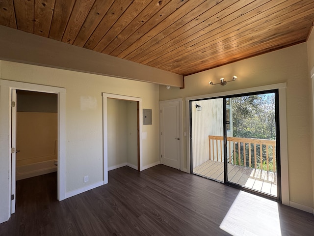 11-3135 Alii Kane St, Volcano, HI 96785 - unfurnished bedroom with access to outside, electric panel, wood ceiling, and dark wood-type flooring