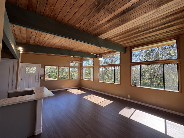 11-3135 Alii Kane St, Volcano, HI 96785 - unfurnished living room with a wood ceiling with exposed beams, dark wood finished floors, and ceiling fan