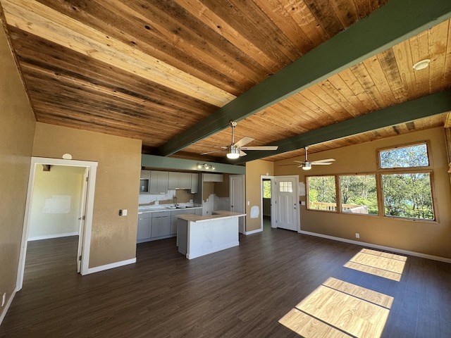 11-3135 Alii Kane St, Volcano, HI 96785 - kitchen featuring open floor plan, a kitchen island, dark wood finished floors, a wood ceiling with exposed beams, and light countertops