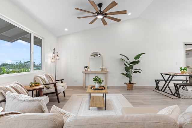 16-2110 Tangerine Dr, Pahoa, HI 96778 - living room with ceiling fan, vaulted ceiling, recessed lighting, and wood finished floors