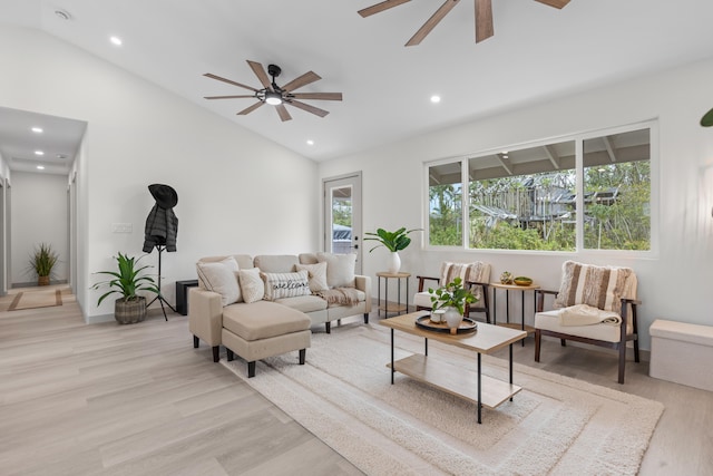 16-2110 Tangerine Dr, Pahoa, HI 96778 - living room with vaulted ceiling, a ceiling fan, light wood finished floors, and recessed lighting