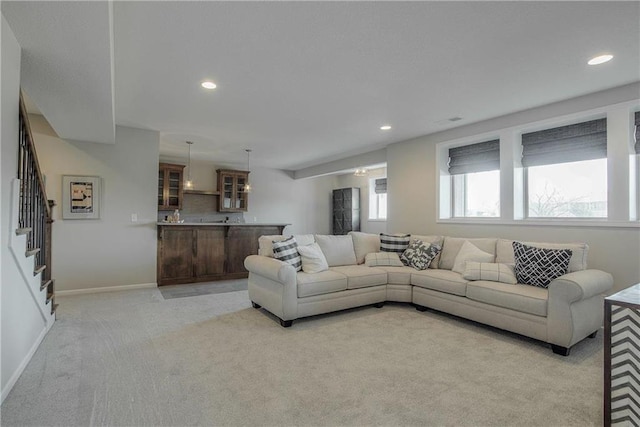 living room with light carpet